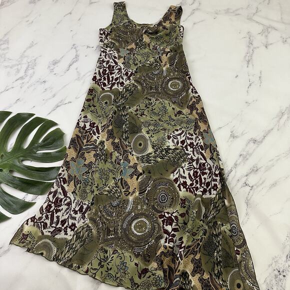 Tribal Womens Vintage Y2k Slip Maxi Dress Size 8 Green Tan Paisley Floral - Picture 1 of 11